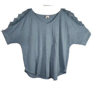 Cato Blue Cold Shoulder Knit Top V-neck Women Size L Short Sleeve